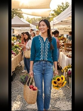 #33 - Style & Co. Teal Floral Embroidered Button Up, Medium